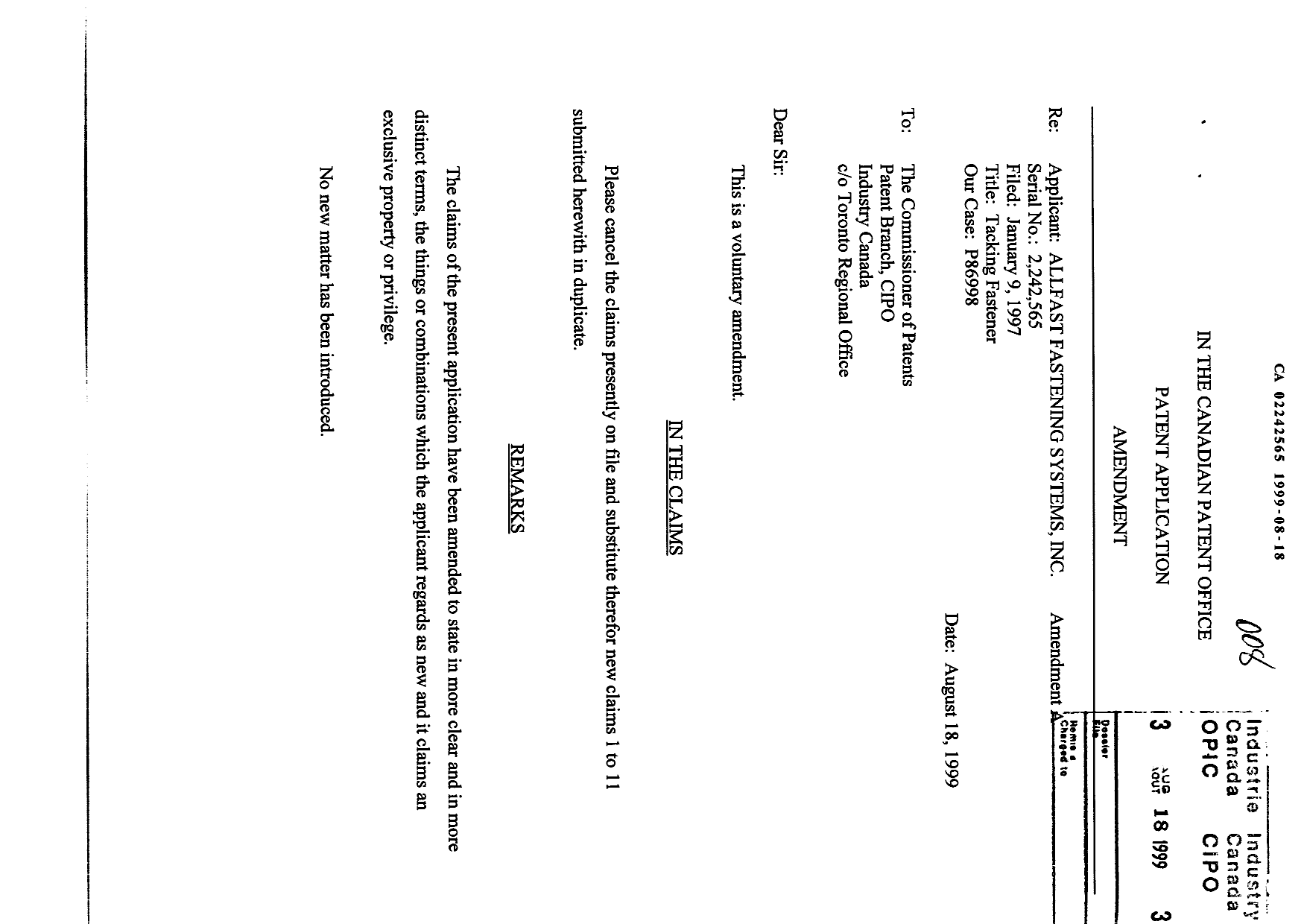 Canadian Patent Document 2242565. Prosecution-Amendment 19990818. Image 1 of 10
