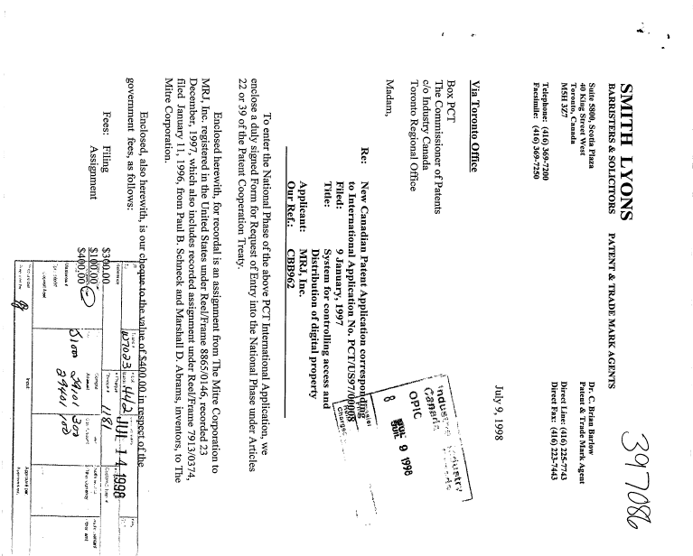 Document de brevet canadien 2242596. Cession 19980709. Image 1 de 7