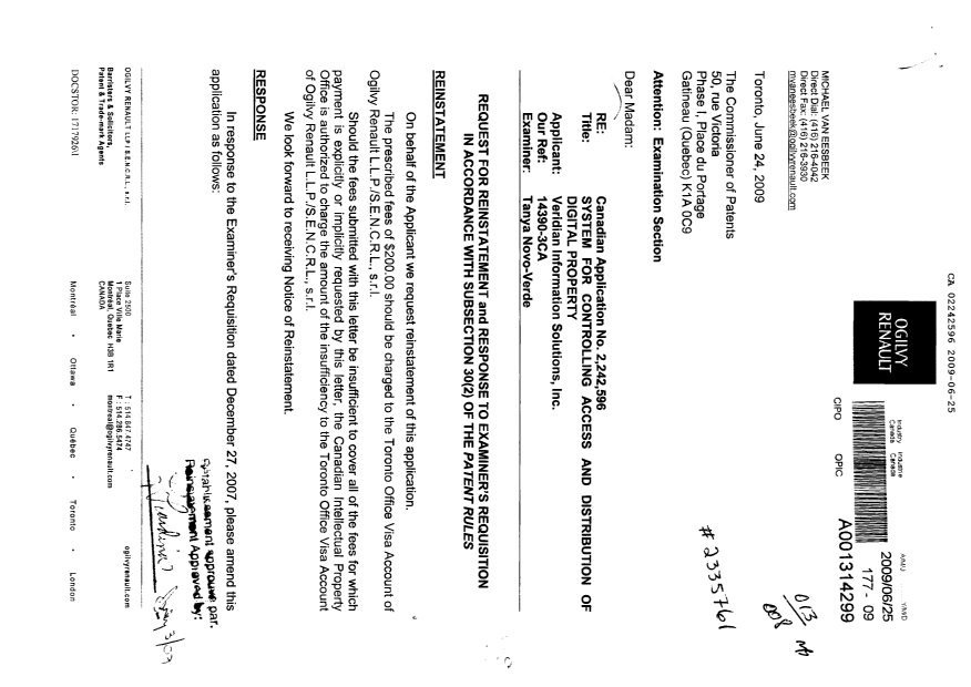 Canadian Patent Document 2242596. Prosecution-Amendment 20090625. Image 1 of 17