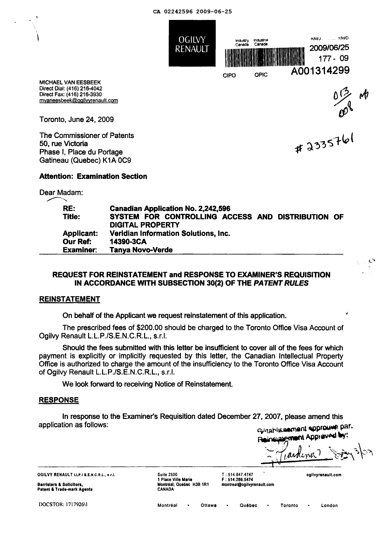 Canadian Patent Document 2242596. Prosecution-Amendment 20090625. Image 1 of 17