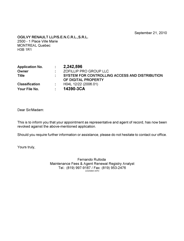 Document de brevet canadien 2242596. Correspondance 20100921. Image 1 de 1