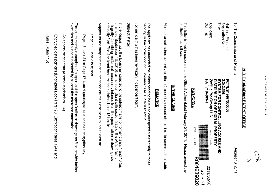 Document de brevet canadien 2242596. Poursuite-Amendment 20110818. Image 1 de 6