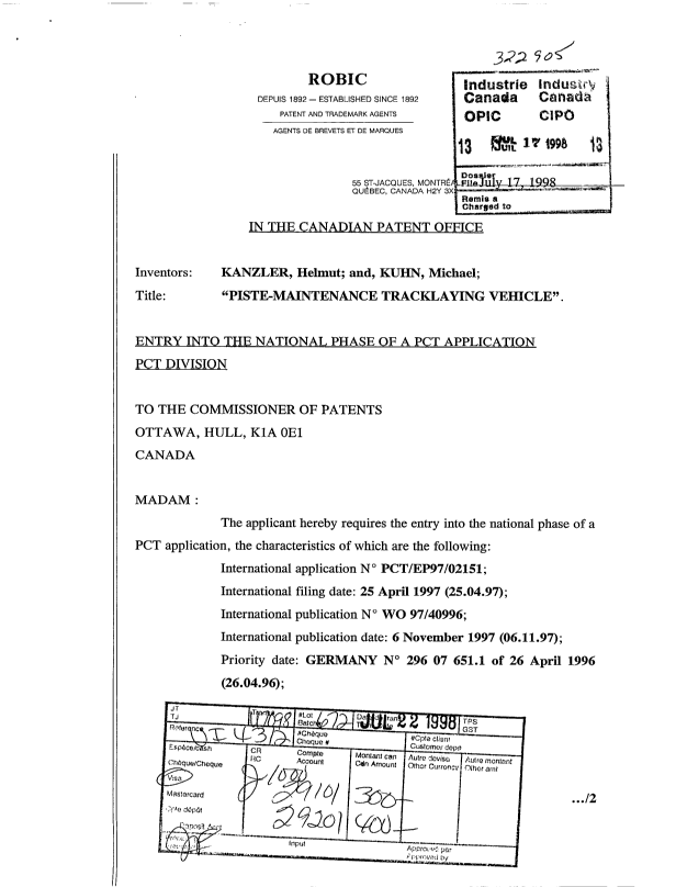 Document de brevet canadien 2243418. Cession 19980717. Image 1 de 5
