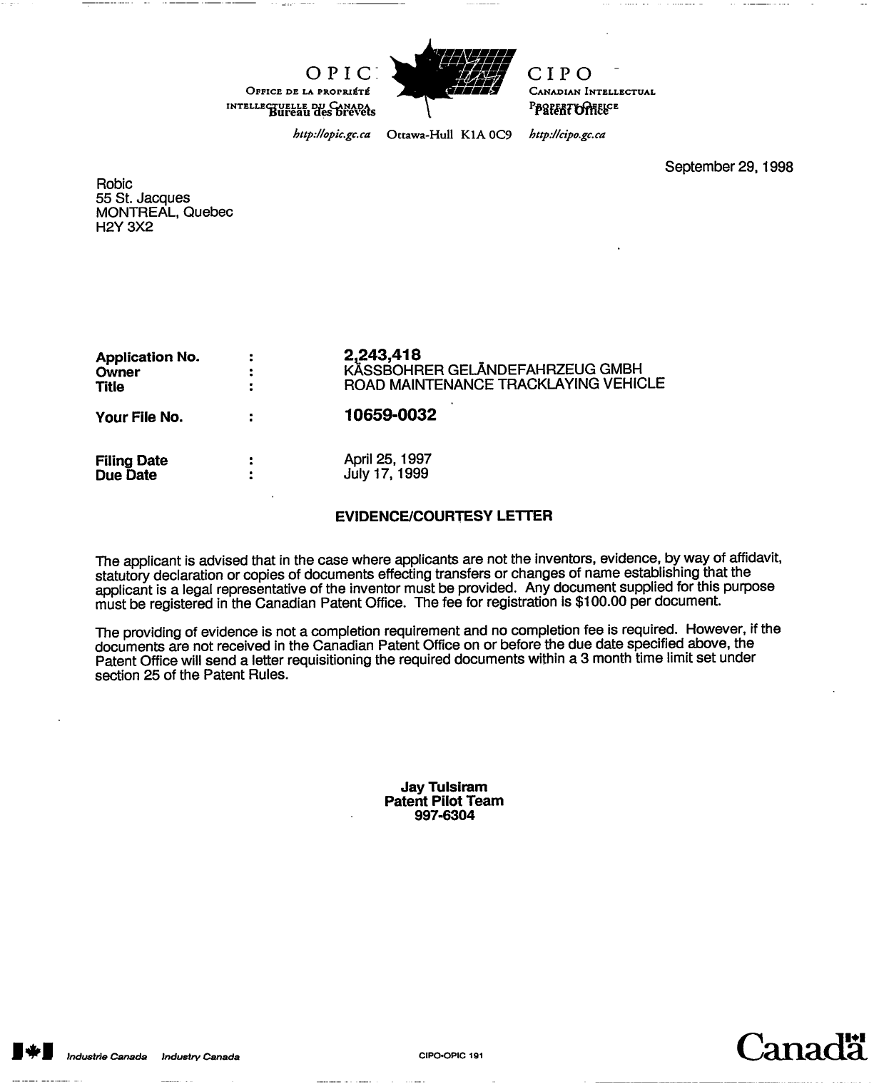 Canadian Patent Document 2243418. Correspondence 19980929. Image 1 of 1