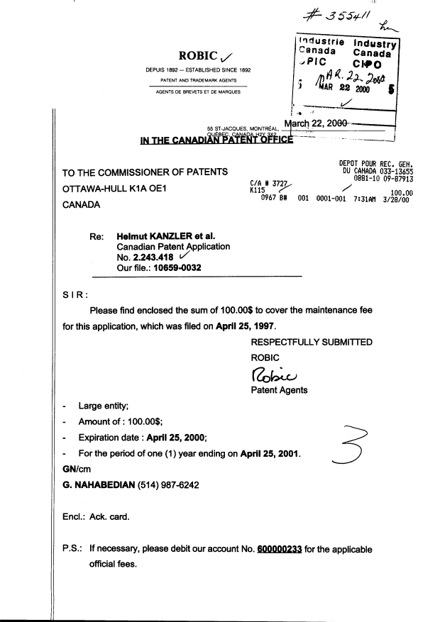 Document de brevet canadien 2243418. Taxes 20000322. Image 1 de 1