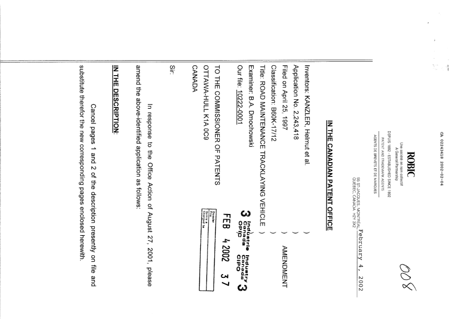 Canadian Patent Document 2243418. Prosecution-Amendment 20020204. Image 1 of 11