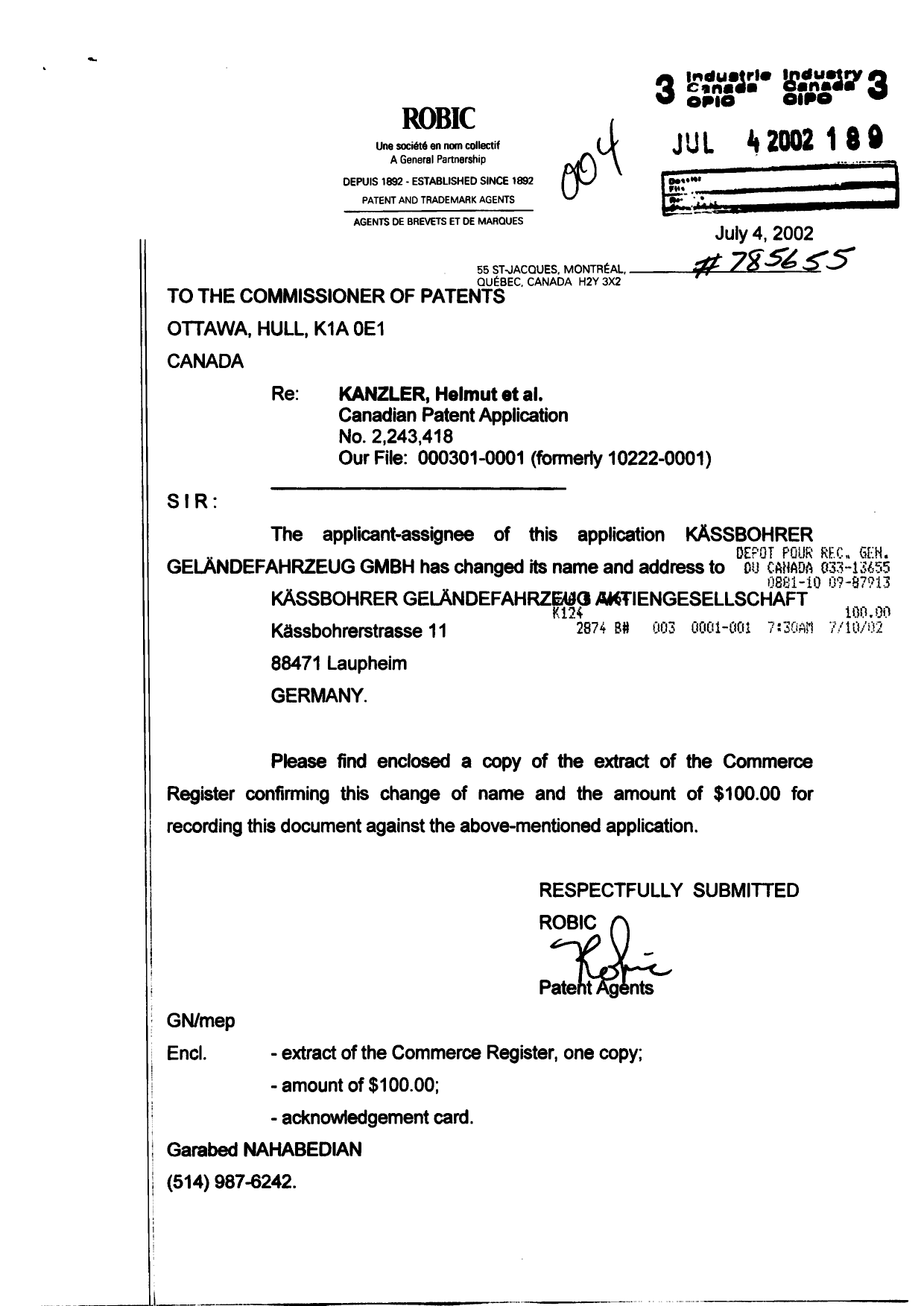 Canadian Patent Document 2243418. Assignment 20020704. Image 1 of 3