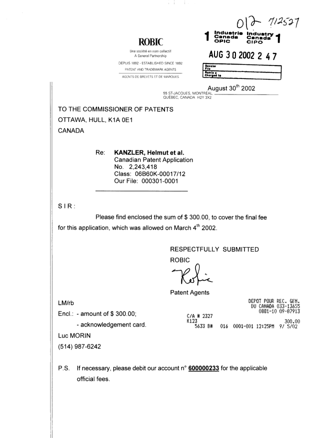 Document de brevet canadien 2243418. Correspondance 20020830. Image 1 de 1