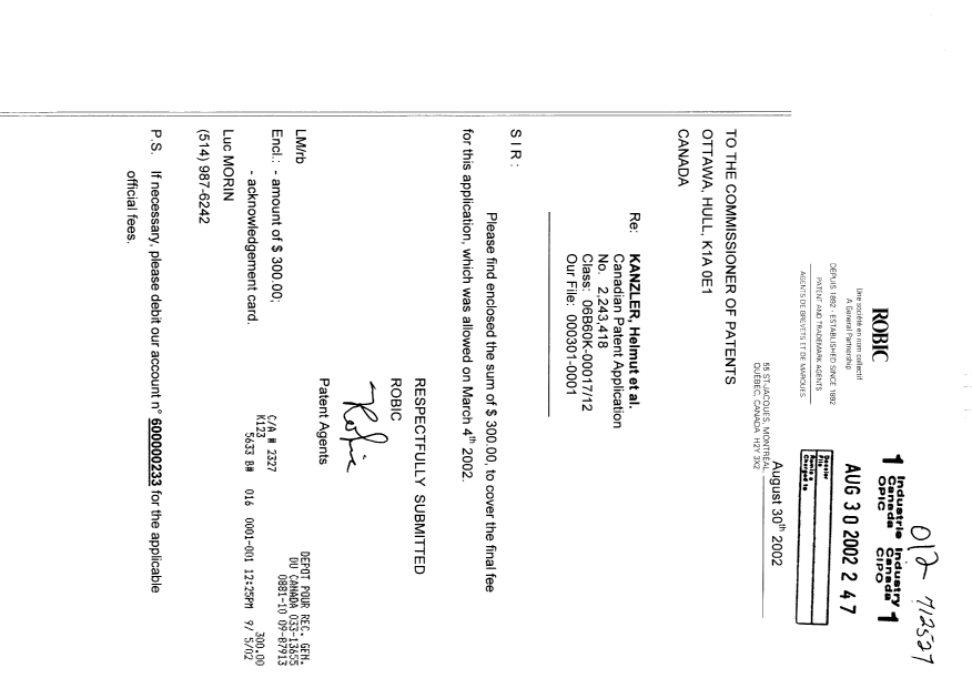 Canadian Patent Document 2243418. Correspondence 20020830. Image 1 of 1