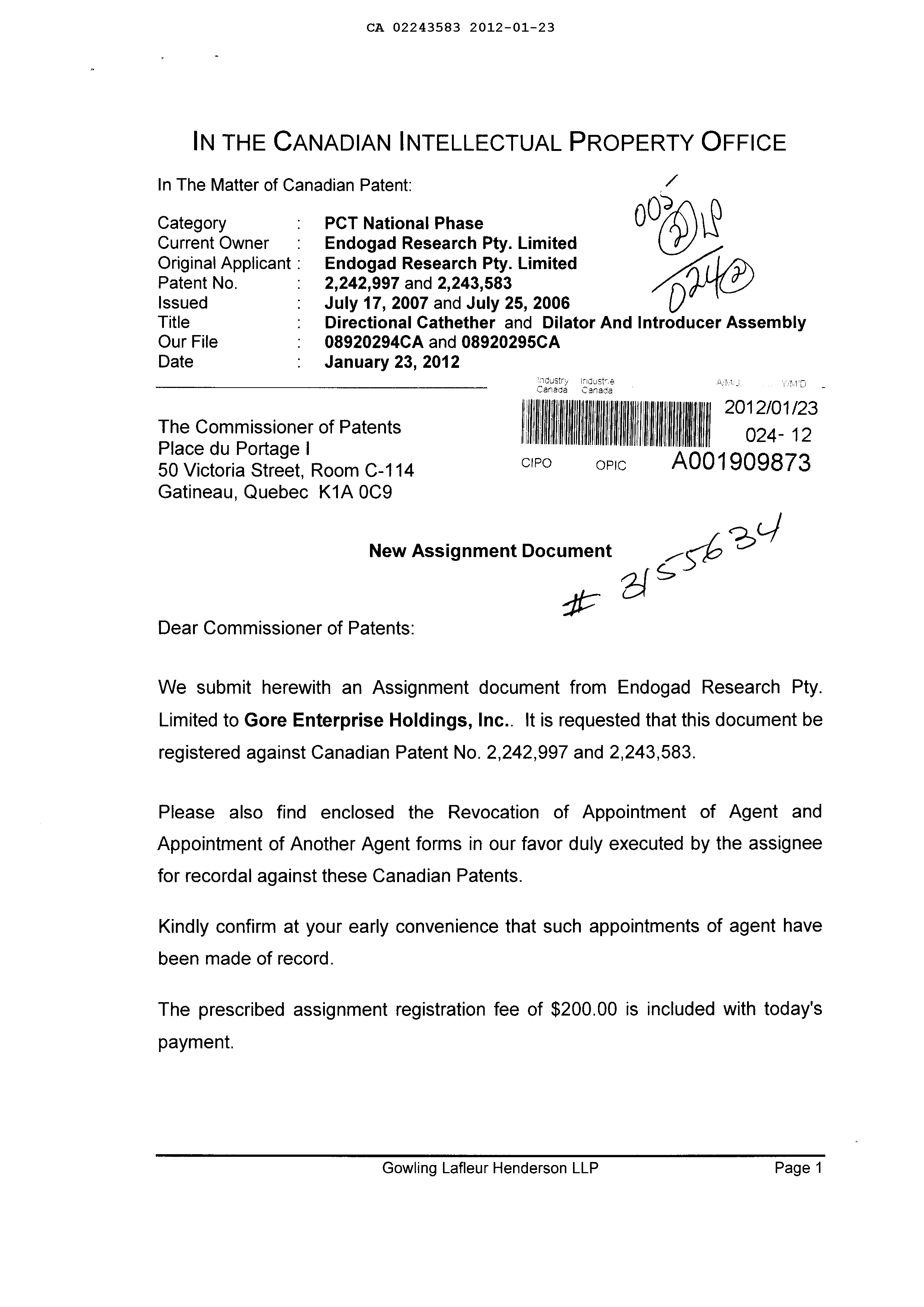 Canadian Patent Document 2243583. Correspondence 20120123. Image 1 of 4