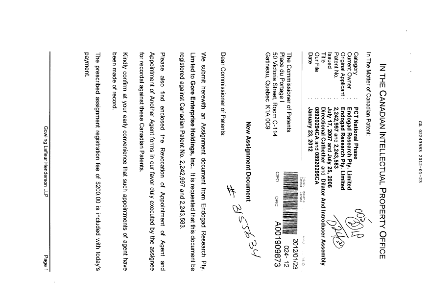 Document de brevet canadien 2243583. Correspondance 20120123. Image 1 de 4