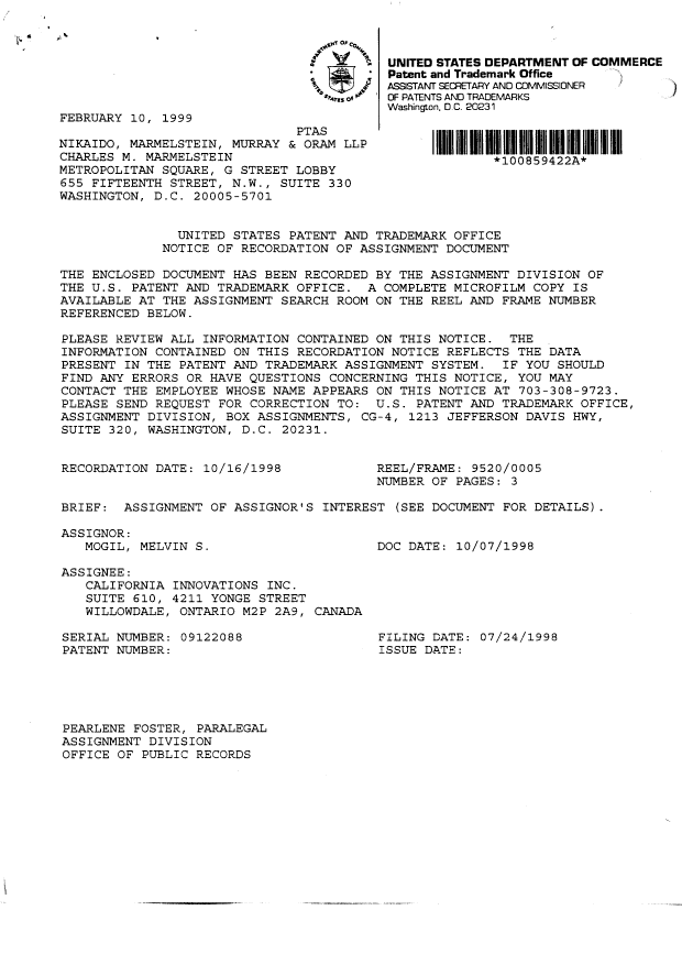 Canadian Patent Document 2243820. Assignment 20001106. Image 2 of 5
