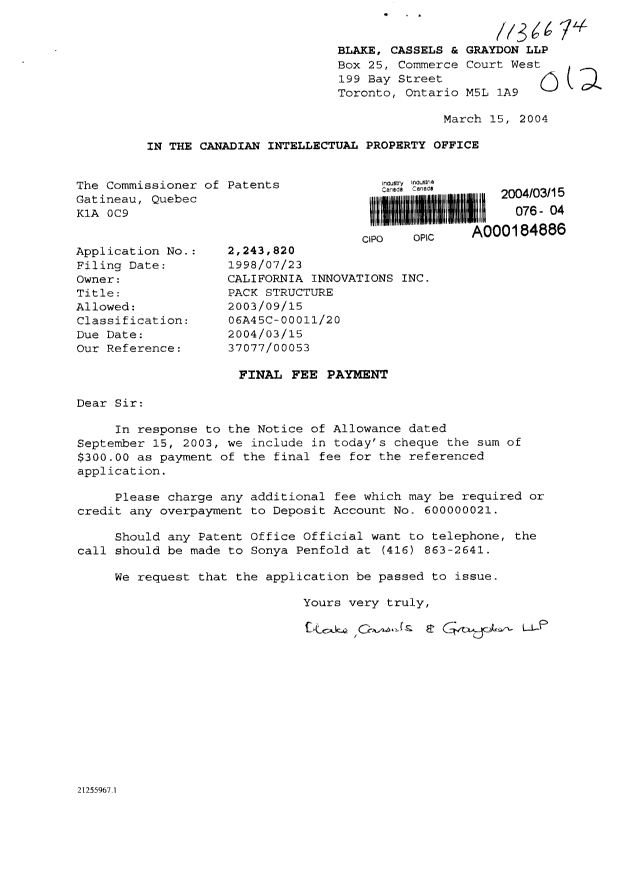 Document de brevet canadien 2243820. Correspondance 20040315. Image 1 de 1
