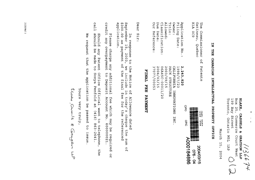 Document de brevet canadien 2243820. Correspondance 20040315. Image 1 de 1