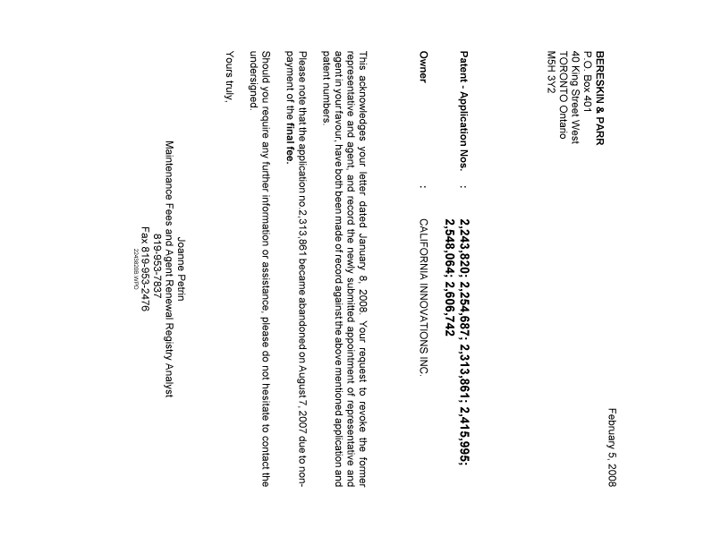 Document de brevet canadien 2243820. Correspondance 20080205. Image 1 de 1