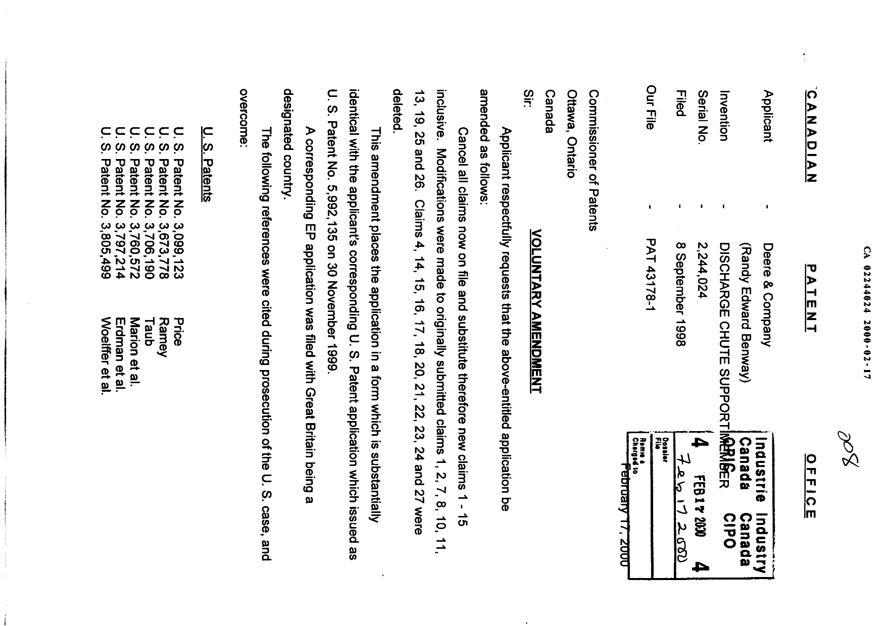 Canadian Patent Document 2244024. Prosecution-Amendment 20000217. Image 1 of 7