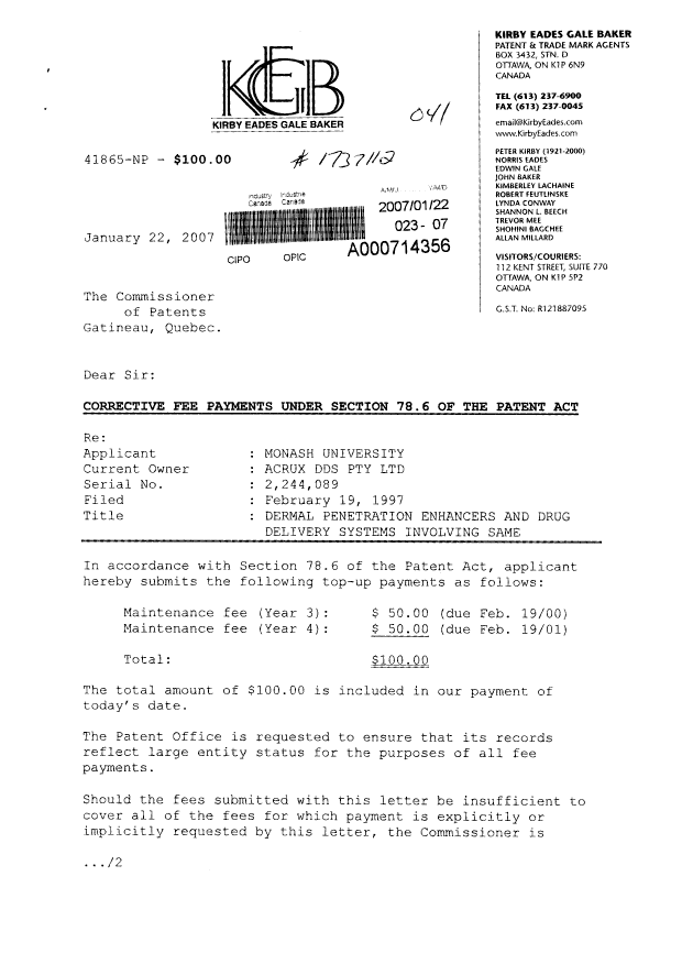 Canadian Patent Document 2244089. Prosecution-Amendment 20070122. Image 1 of 2
