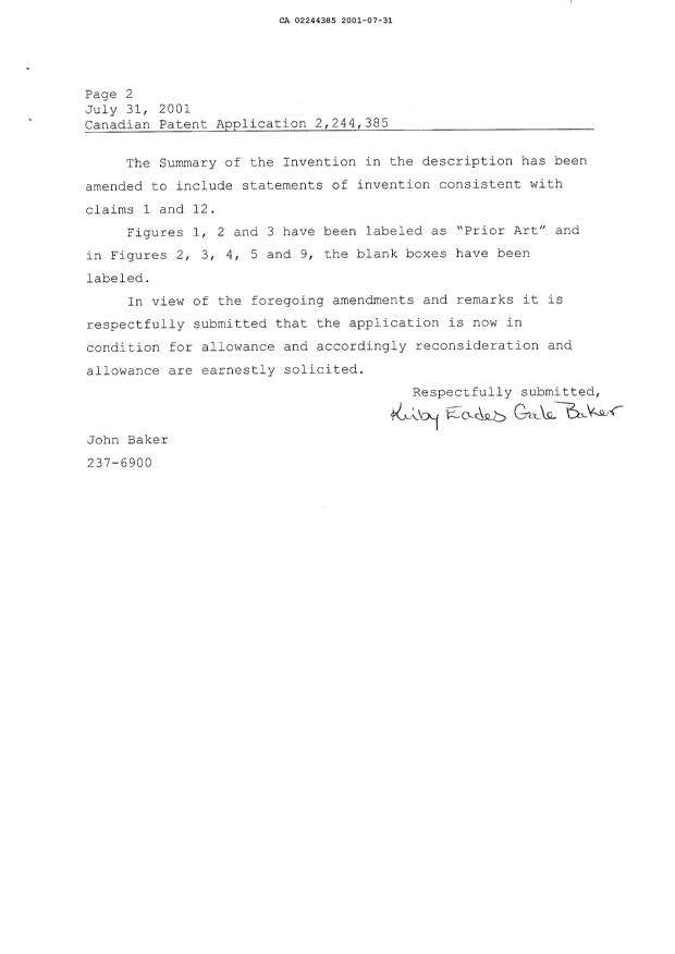 Document de brevet canadien 2244385. Poursuite-Amendment 20010731. Image 2 de 12