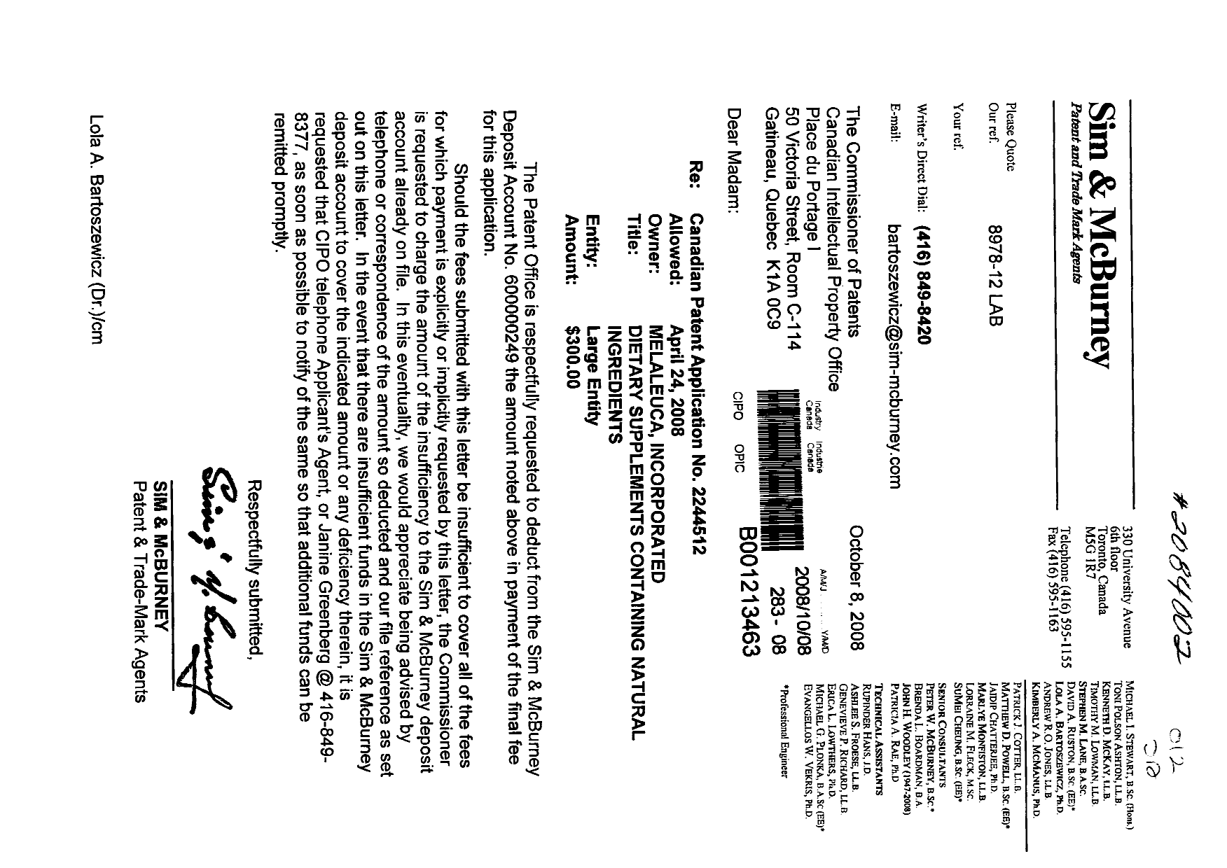 Canadian Patent Document 2244512. Correspondence 20081008. Image 1 of 1