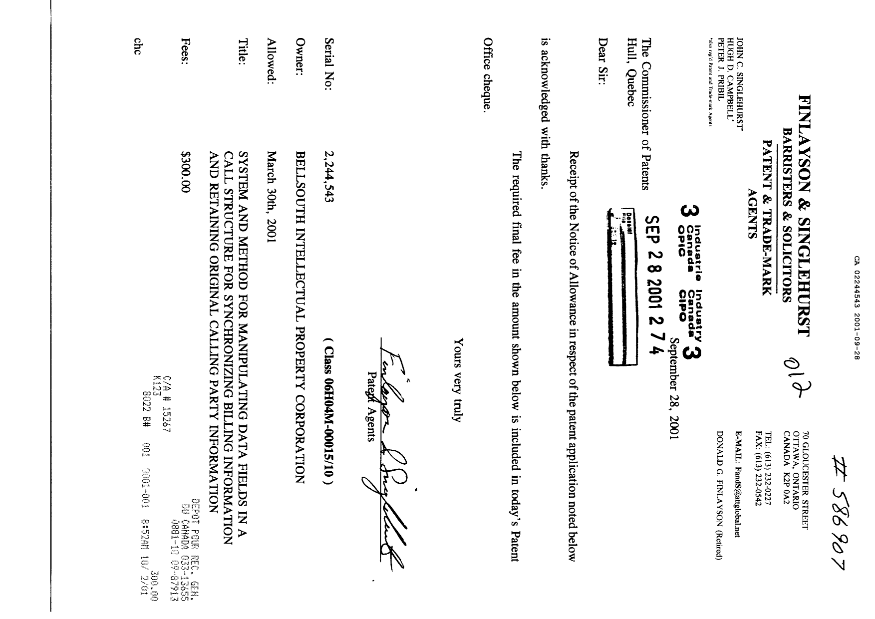 Document de brevet canadien 2244543. Correspondance 20010928. Image 1 de 1