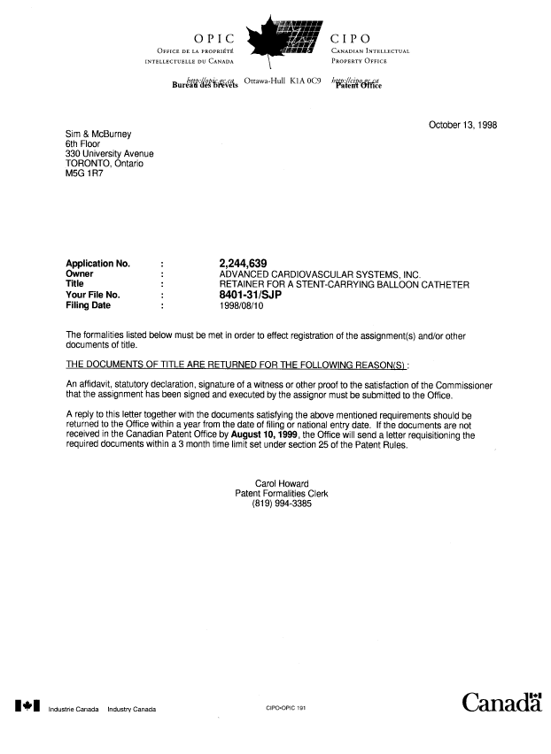 Document de brevet canadien 2244639. Correspondance 19981013. Image 1 de 1
