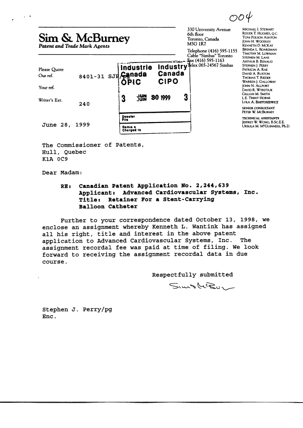 Document de brevet canadien 2244639. Cession 19990630. Image 1 de 5