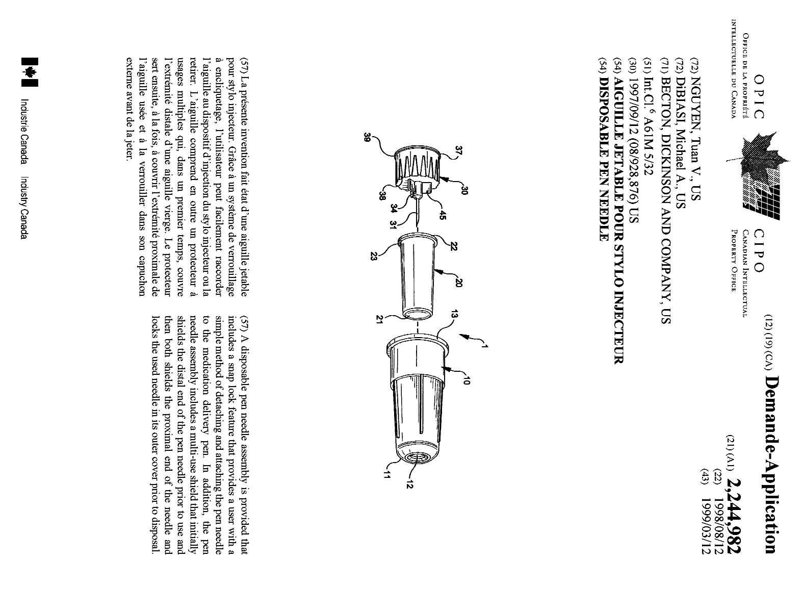 Document de brevet canadien 2244982. Page couverture 19981231. Image 1 de 1
