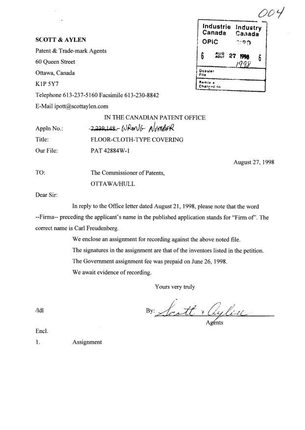 Document de brevet canadien 2244995. Cession 19980626. Image 2 de 6