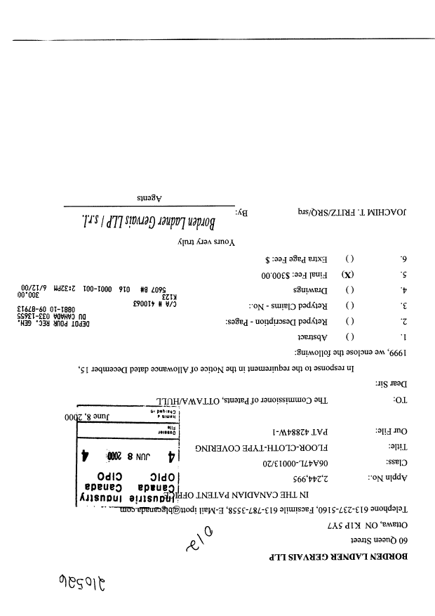Canadian Patent Document 2244995. Correspondence 20000608. Image 1 of 1