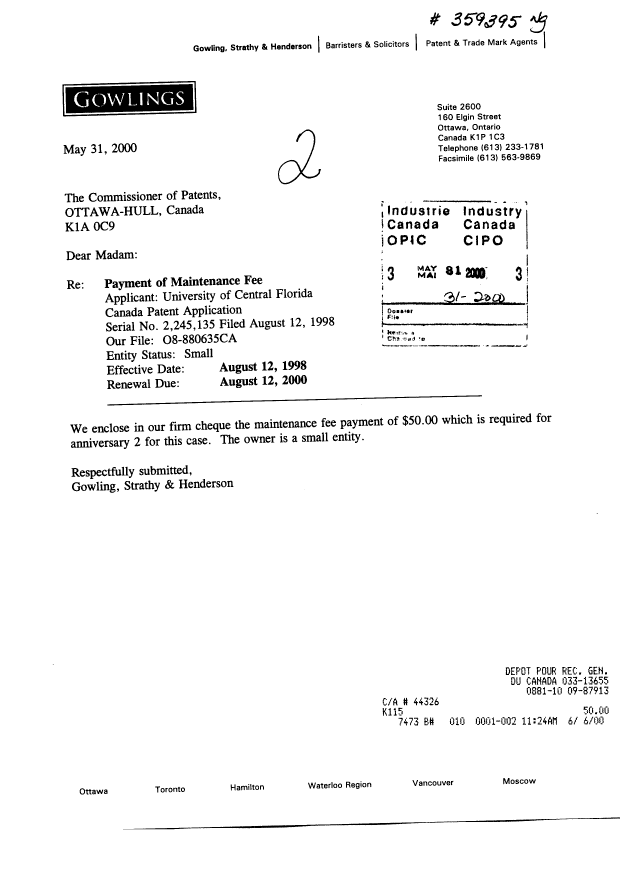 Document de brevet canadien 2245135. Taxes 19991231. Image 1 de 1
