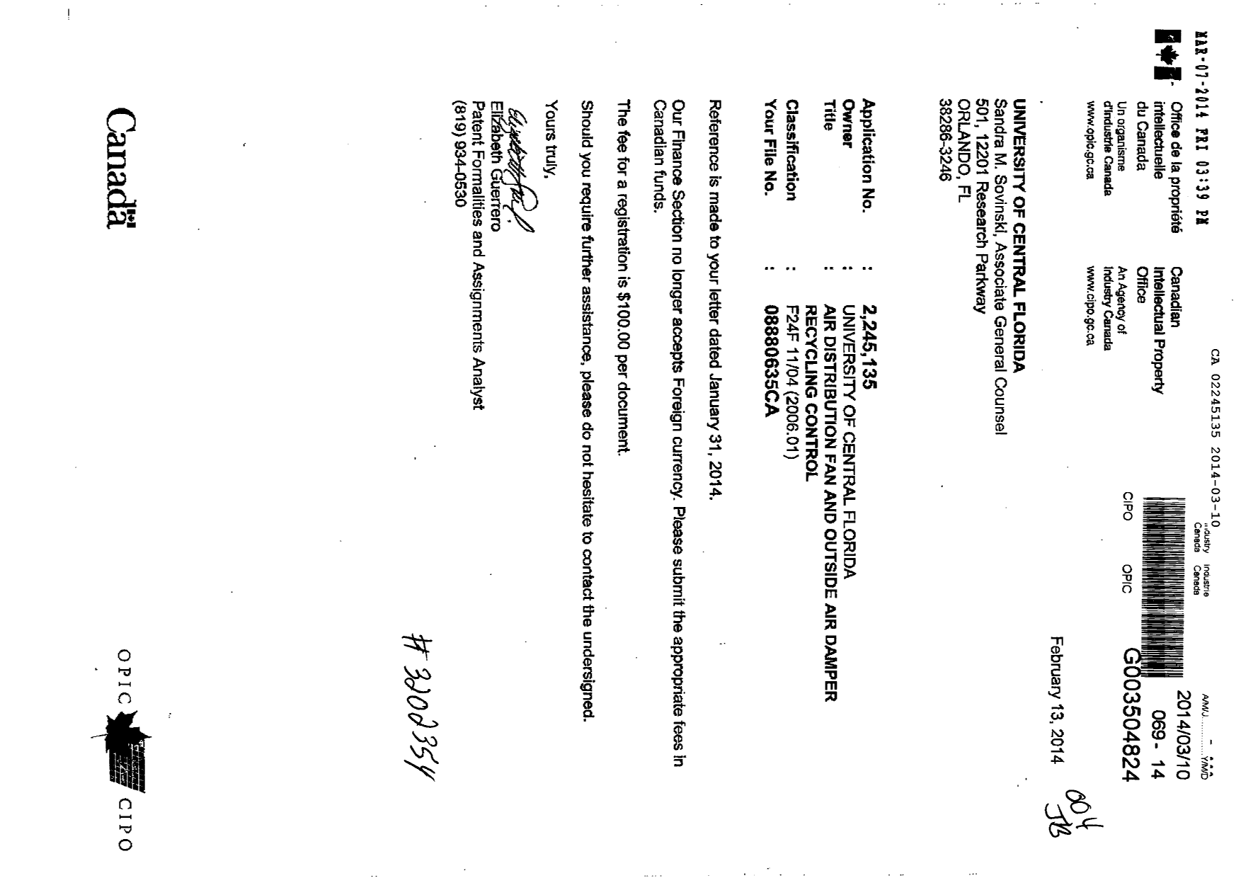 Canadian Patent Document 2245135. Assignment 20131210. Image 1 of 2