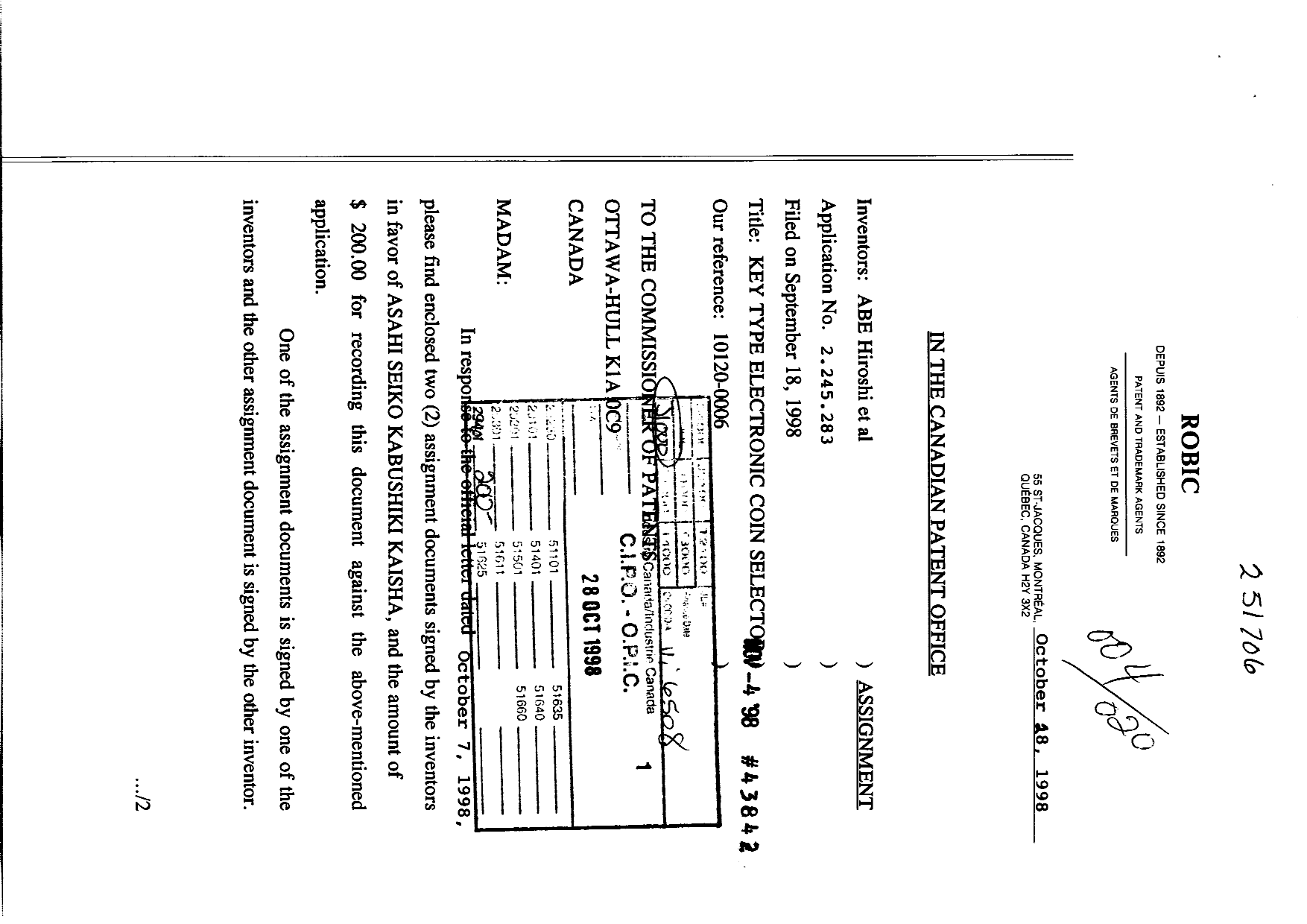 Canadian Patent Document 2245283. Correspondence 19981028. Image 1 of 2