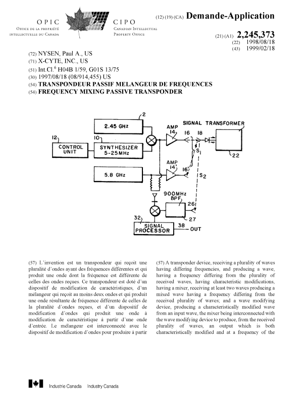 Document de brevet canadien 2245373. Page couverture 19990309. Image 1 de 2