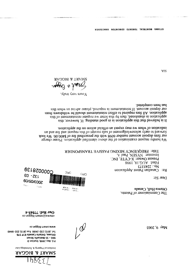 Canadian Patent Document 2245373. Prosecution-Amendment 20030509. Image 1 of 1