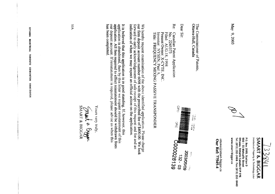 Document de brevet canadien 2245373. Poursuite-Amendment 20030509. Image 1 de 1