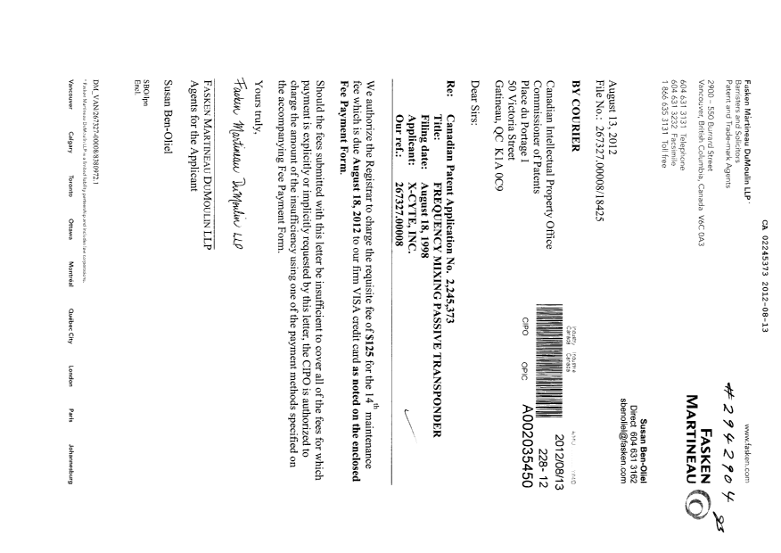 Canadian Patent Document 2245373. Fees 20120813. Image 1 of 1