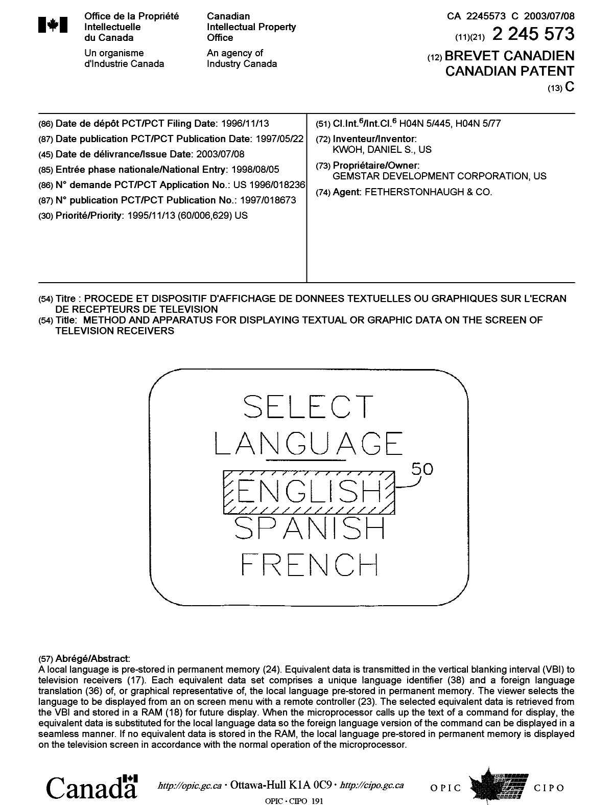 Document de brevet canadien 2245573. Page couverture 20030603. Image 1 de 1