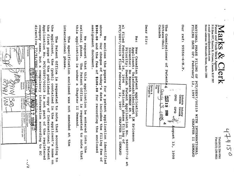 Document de brevet canadien 2245878. Cession 19980813. Image 1 de 4