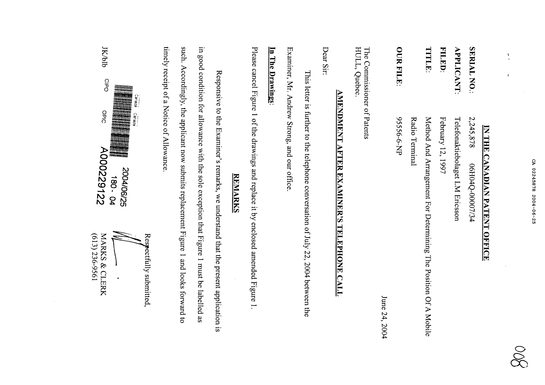 Canadian Patent Document 2245878. Prosecution-Amendment 20040625. Image 1 of 2