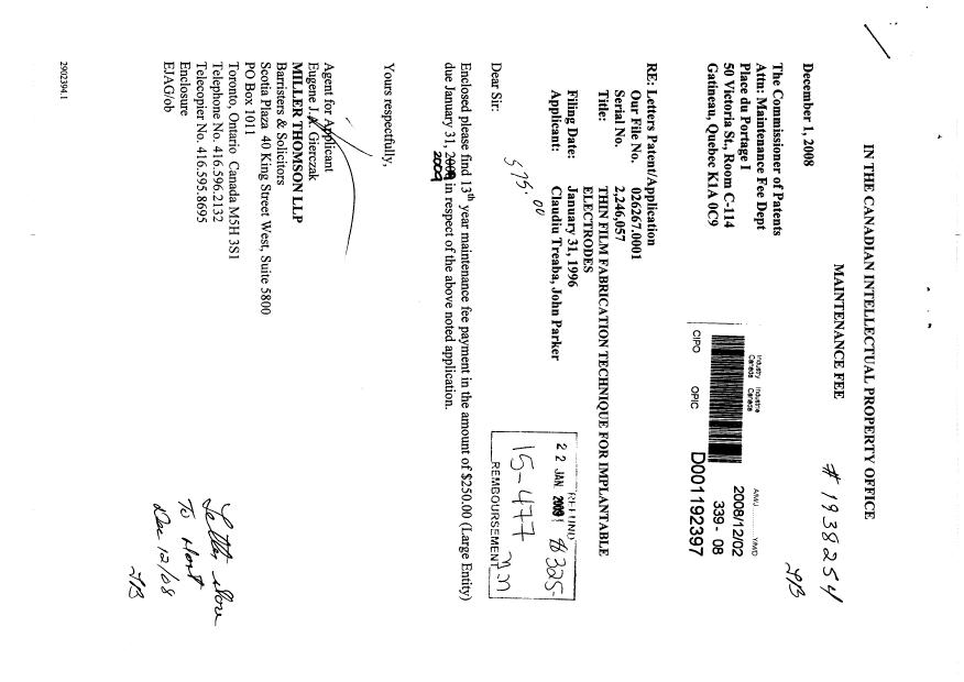Document de brevet canadien 2246057. Taxes 20081202. Image 1 de 1