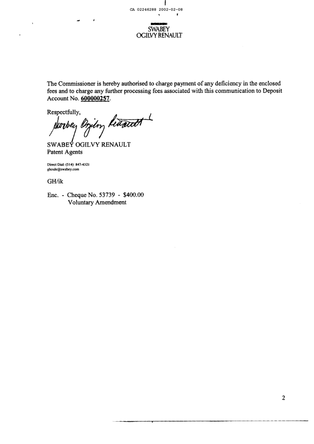 Document de brevet canadien 2246288. Poursuite-Amendment 20020208. Image 2 de 9
