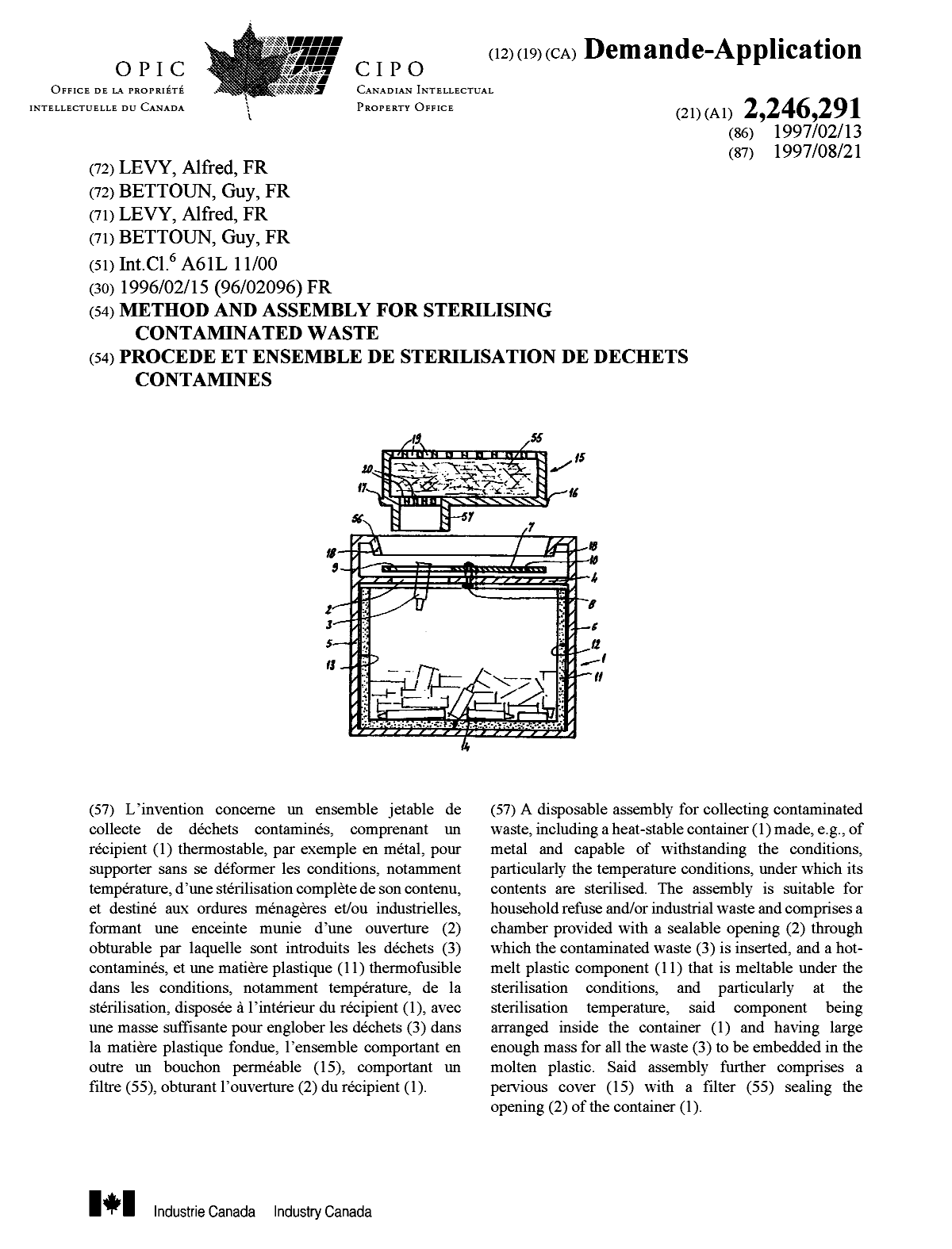 Canadian Patent Document 2246291. Cover Page 19981130. Image 1 of 1