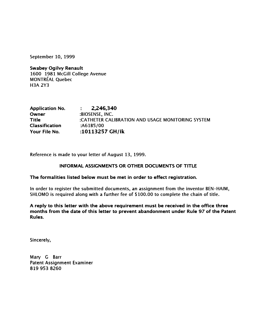 Document de brevet canadien 2246340. Correspondance 19990910. Image 1 de 1