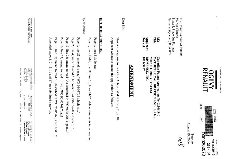 Document de brevet canadien 2246340. Poursuite-Amendment 20040819. Image 1 de 14