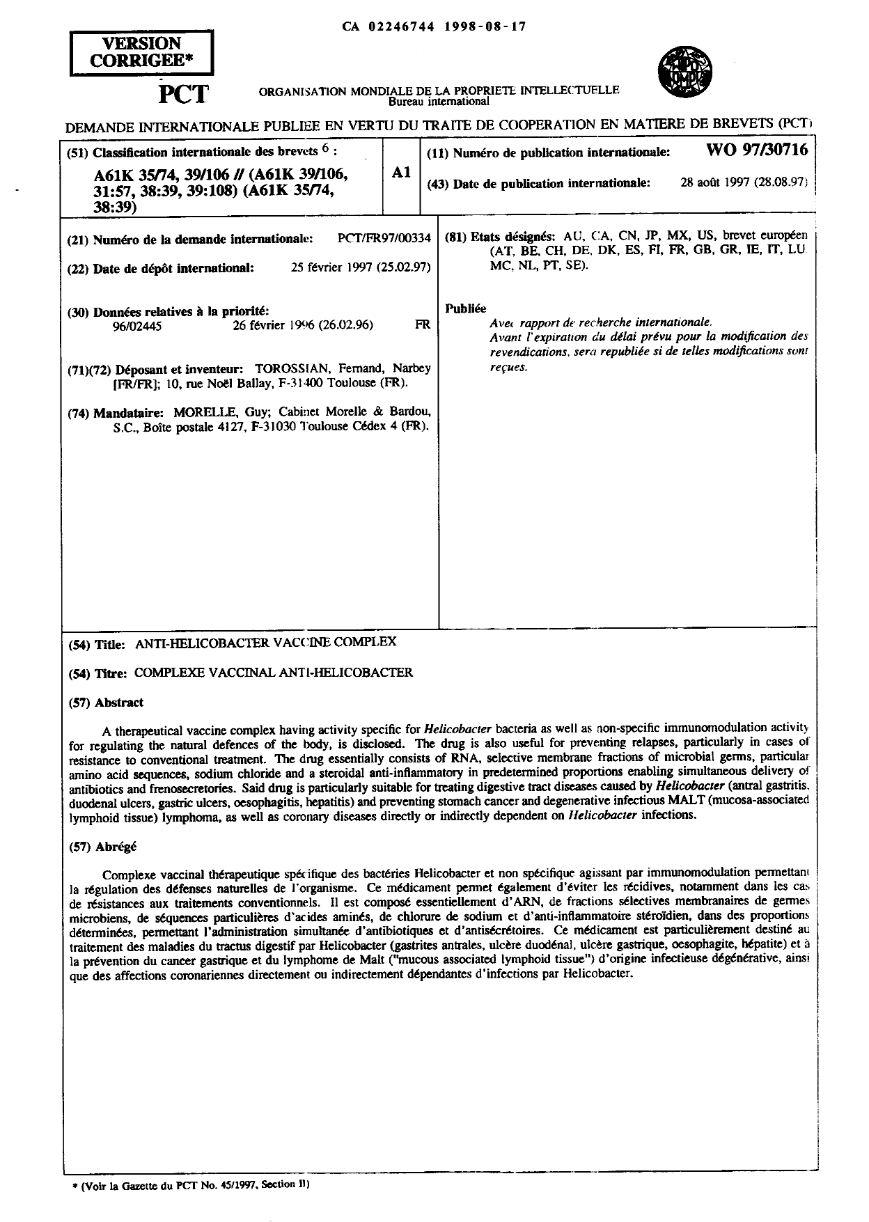 Document de brevet canadien 2246744. Abrégé 19980817. Image 1 de 1