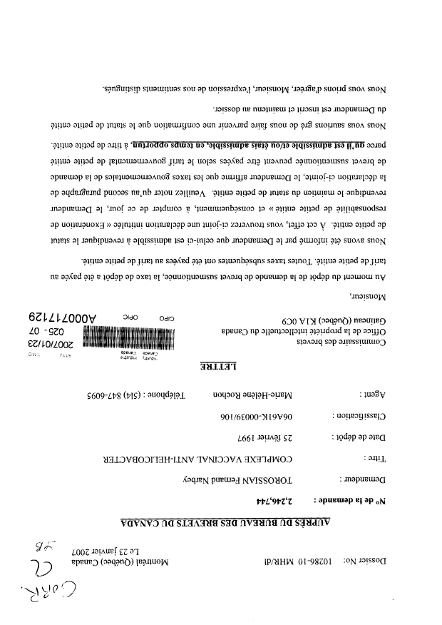 Canadian Patent Document 2246744. Correspondence 20070123. Image 1 of 3