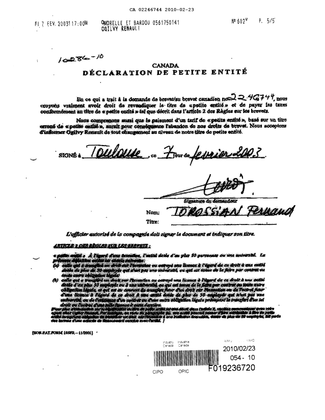 Document de brevet canadien 2246744. Taxes 20100223. Image 1 de 1