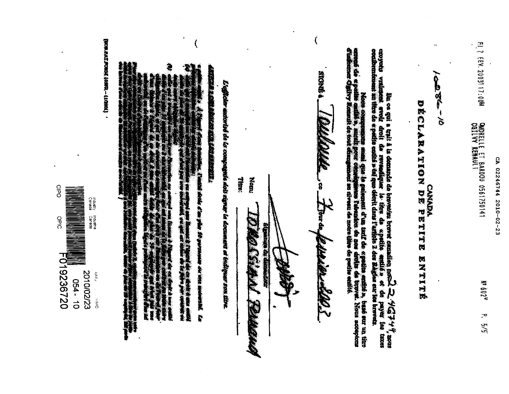 Canadian Patent Document 2246744. Fees 20100223. Image 1 of 1