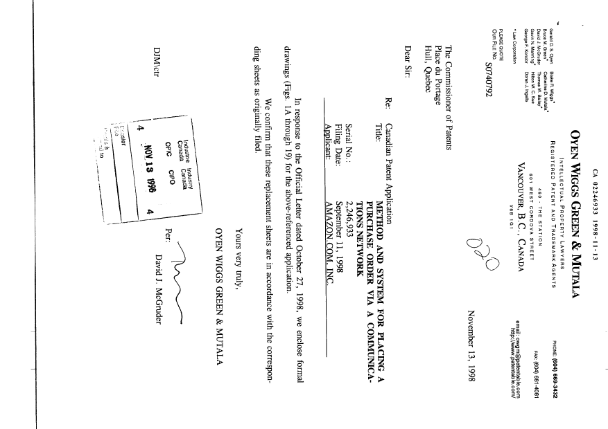 Document de brevet canadien 2246933. Correspondance 19971213. Image 1 de 24