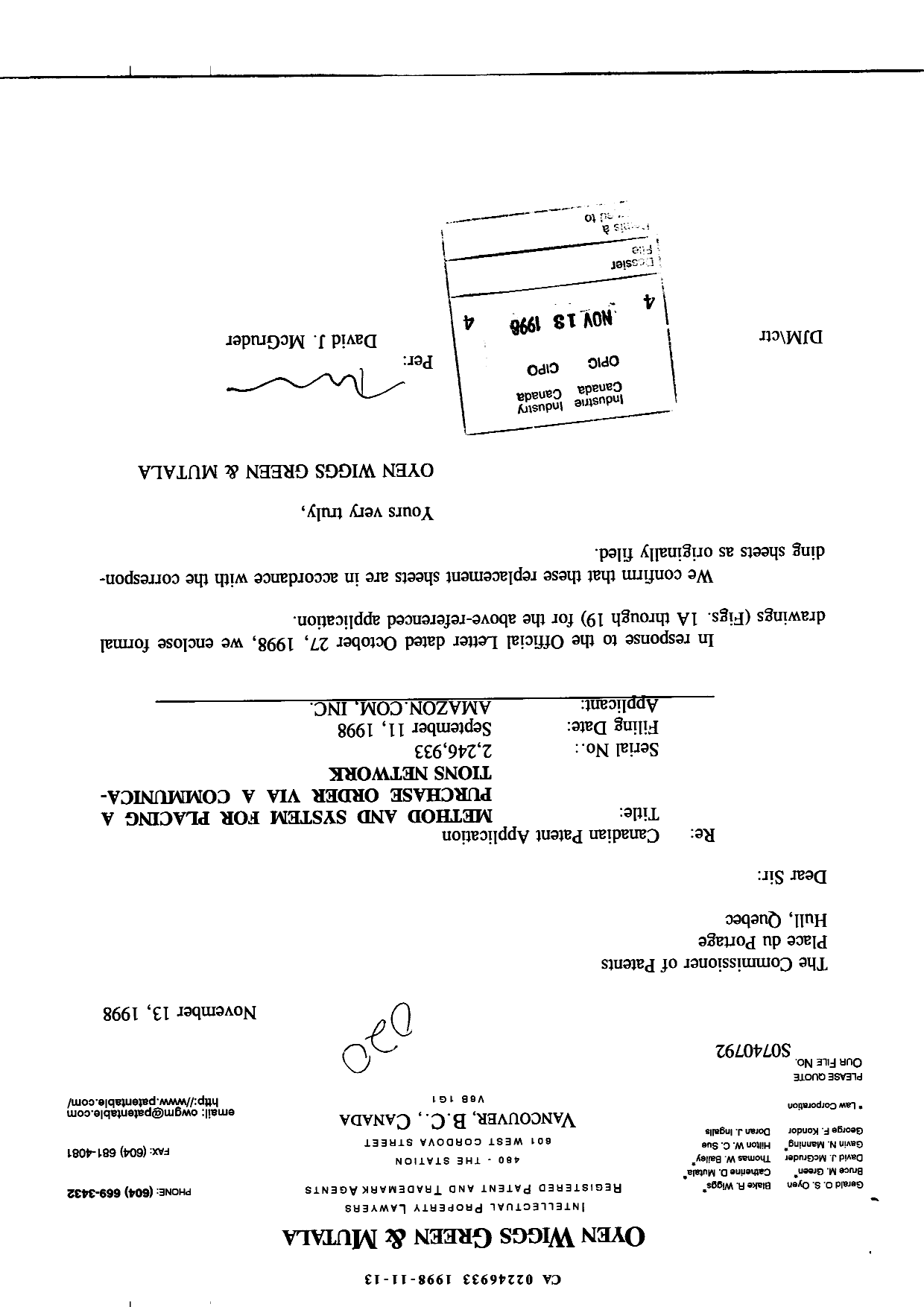 Canadian Patent Document 2246933. Correspondence 19971213. Image 1 of 24